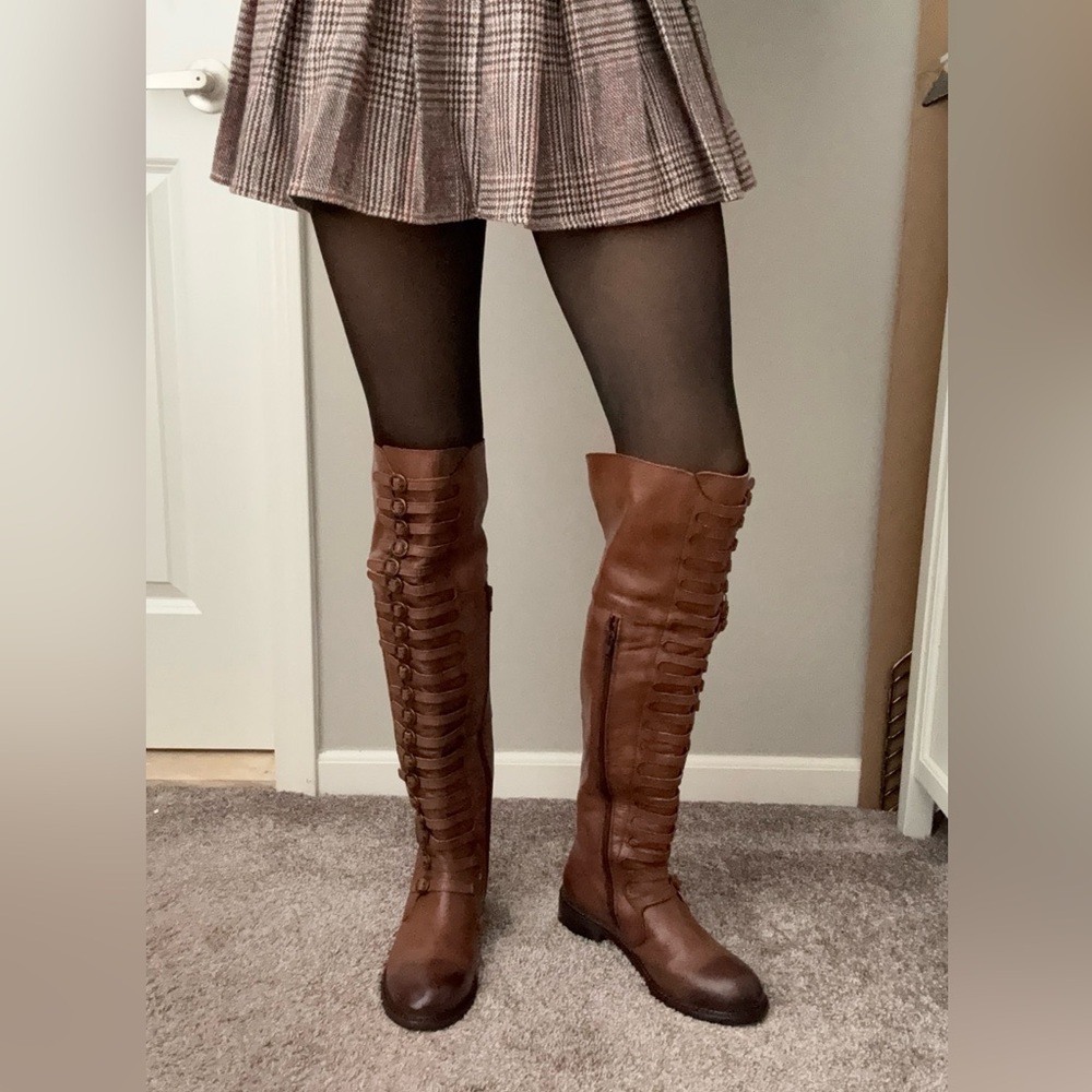Luichiny Leather Cognac Brown Knee-High Women's Boots with multi buckles